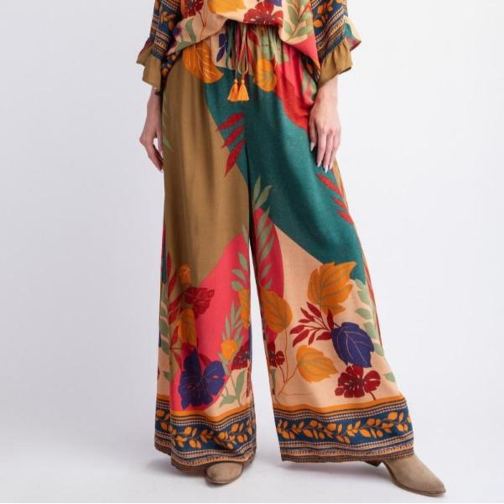 easel Multicolor Floral Wide Leg Pants - Green, Mustard & Coral